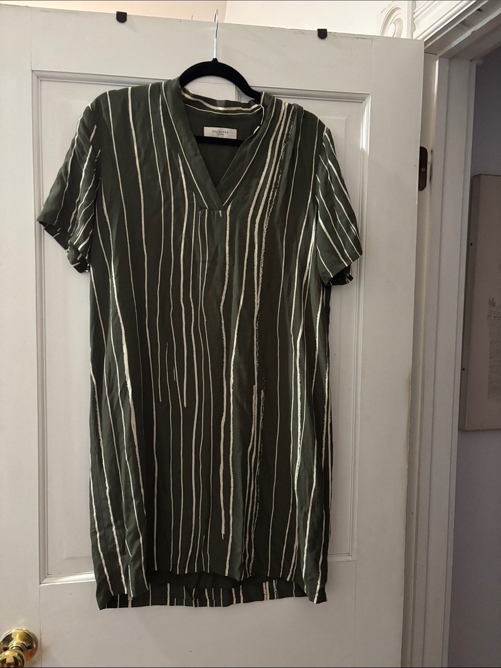 Selected Femme Olive Green V-Neck Short Sleeve Tunic Dress with Cream Stripe